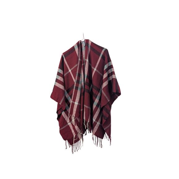 Cozy Red Plaid Poncho – One Size Fits All - Picture 2 of 4